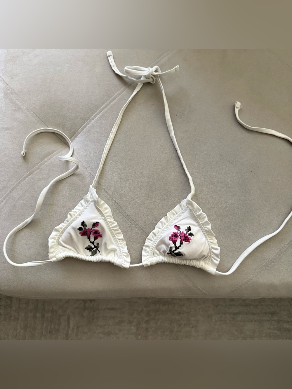 Zara White Triangle Bikini Top with Pink Floral Embroidery